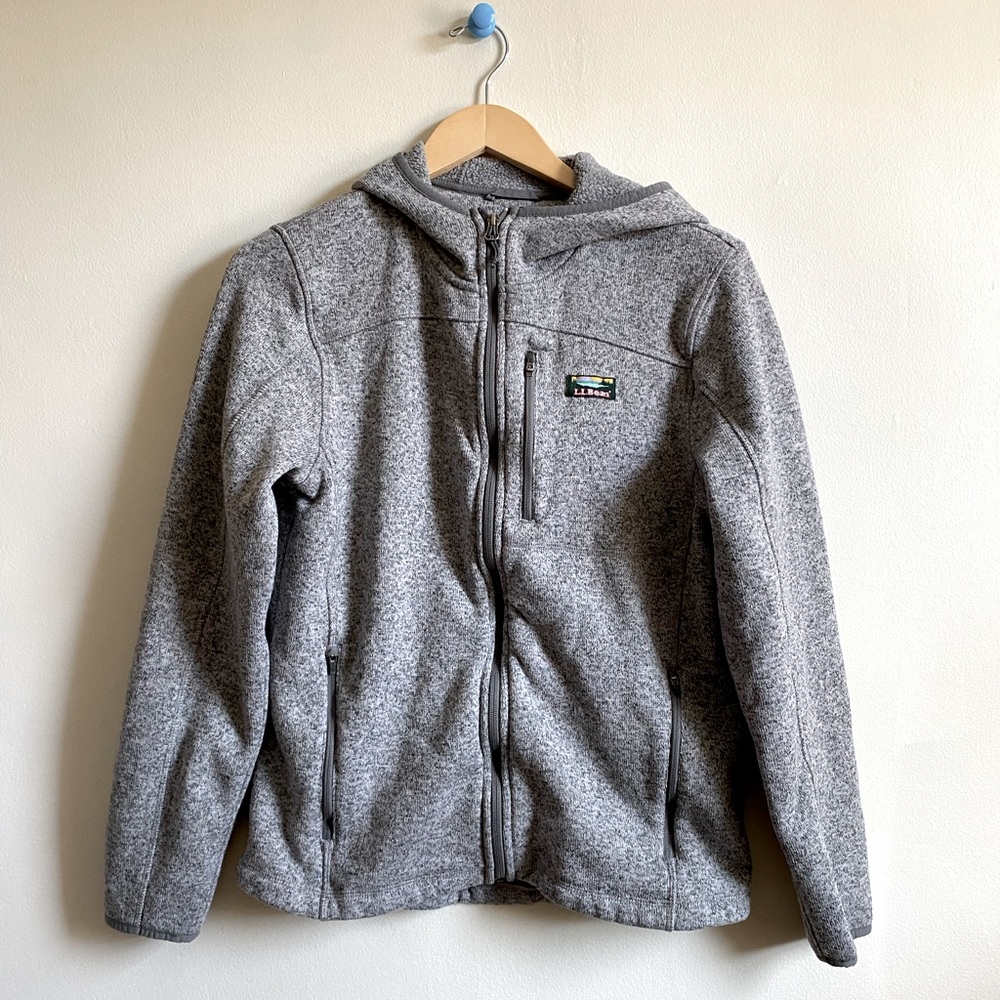LL Bean Grey Zip Up Hooded Fleece Jacket Medium